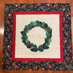 Handmade Christmas Wall Hanging Wreath Holly Leaves Beads Buttons 42 1/2/“ Sq.